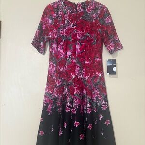 Maison Tara Red and Pink Floral Midi Dress